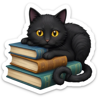 Black cat curled next to a pile of book sticker