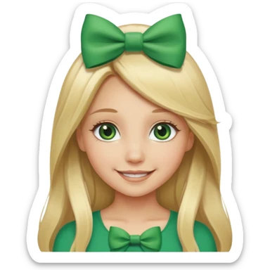 blonde girl long hair middle part, green eyes,at with a bow with text saying "engoy" sticker