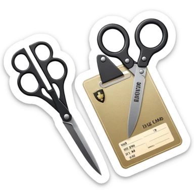 Floating black Scissors cutting an idf soldier ID card in 2 parts .hyper realistic sticker