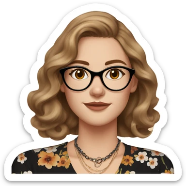 Woman with shoulder-length wavy light brown hair, fair complexion with freckles, cat eye makeup, wearing a black floral blouse, thin necklace with a round pendant, multiple rings, and bracelets. large glasses with thin frame sticker