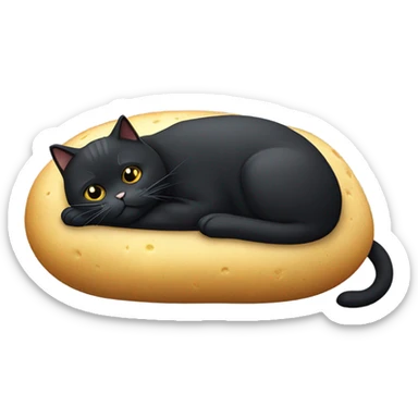 A fat black cat laying down looking like a potato￼ sticker