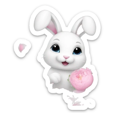 cute white bunny holding light pink peonies sticker