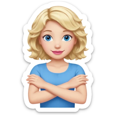 Girl Blonde short wavy hair,  blue eyes, cute blue top, long lashes, pink lips, smiling, making cross arms X with arms  sticker