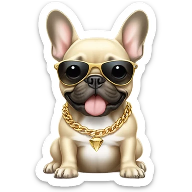 Beige French bulldog with a gold tooth and dark sunglasses wearing golden diamond chains sticker