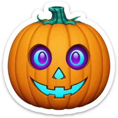 futuristic glowing jack-o-lantern emoji face, only purple and cyan carved glow, dark background sticker