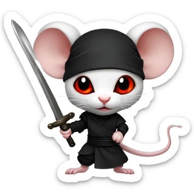 Albino rat red eyes wearing a headband, black ninja costume, dramatic pose, holding sword sticker