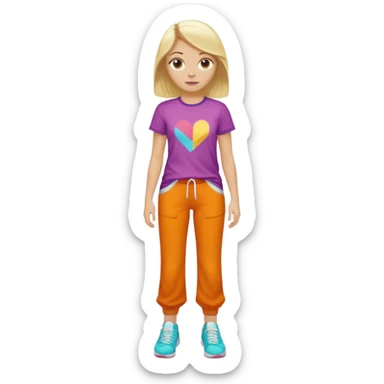 Hiphop dancer, with cute big pants, sneakers, and t-shirt. White girl blond. Coloufull shirt. No pocket pants sticker