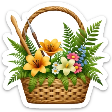 Icon for Floristry: a bouquet of flowers in a woven basket, with reeds, ferns and floral arranging tools like scissors and a flower stem. The icon should represent creativity in flower design and arranging. Transparent background. sticker