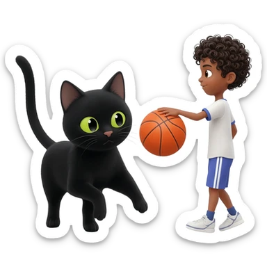 Black cat playing with orange basketball and a little white boy with curly black hair sticker