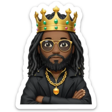 African American man with shoulder length black dreadlocks with black beard wearing  dark black sunglasses with a black bubble winter coat wearing a crown with arms folded on chest sticker
