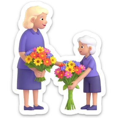 a child giving flowers to an older person, representing filial respect sticker