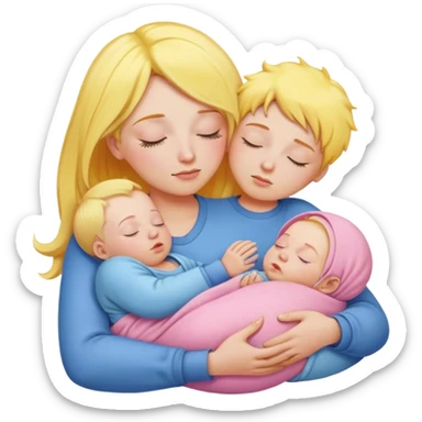 Mother holding baby, mother with yellow hair and pink clothes, baby in blue clothes is sleeping sticker
