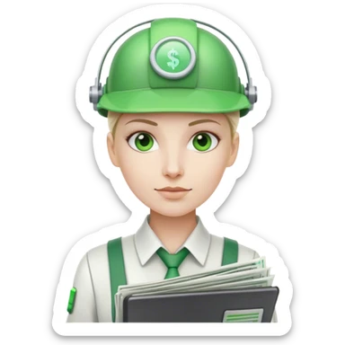 cyborg bookkeeper with green accountant visor holding spreadsheets sticker