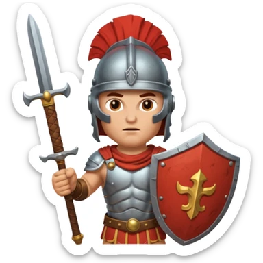An emoji of the Roman god Mars. He is a warrior with a helmet and armor, holding a sword and shield, with a fierce expression. sticker