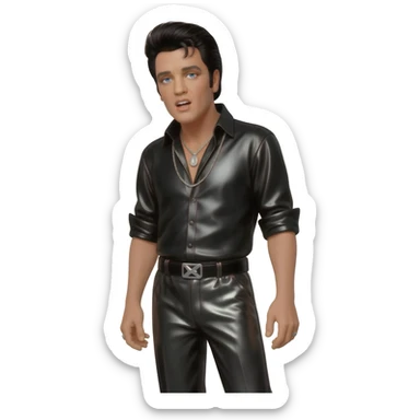 Elvis Presley with blue eyes, black hair, black metallic shirt, black metallic baggy pants, silver necklace sticker