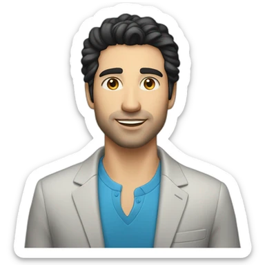 30 year old man, caucasian, black hair, blue eyes, blazer, t-shirt sticker