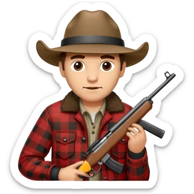 Man wearing buffalo plaid jacket and hat, with rifle sticker