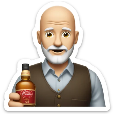 realistic meme of bald man with white short bart, with Glenfarclas 35yo sticker
