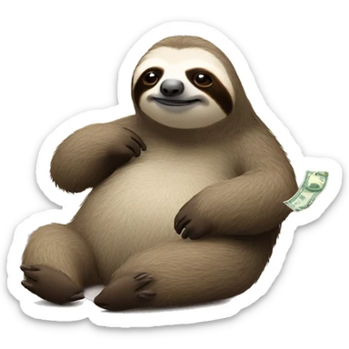 sloth laying down looking sleepy; add a phone in his hand and money flying in air around him sticker