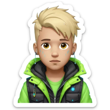 Cyberpunk street kid, male, messy undercut, puffer vest over hoodie, glowing earpiece, light stubble, brown eyes, neon reflections, raindrops, dark background. sticker