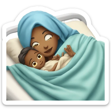 A mother lying on a hospital bed, cradling her newborn baby wrapped in a soft blue swaddle blanket.






 sticker