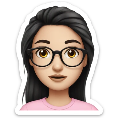 Black hair, pale skin pretty make up long eyelashes, clear glasses, pink shirt, girl sticker