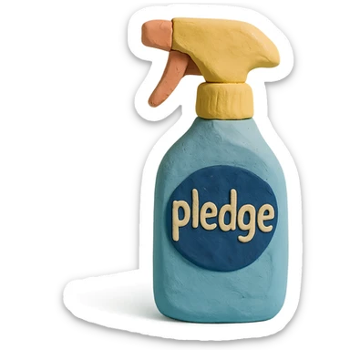 claymation style Pledge-inspired furniture polish bottle with a spray nozzle, playful arrangement, pastel palette sticker