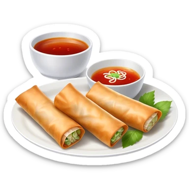 Spring Rolls Cinematic Realistic Spring Rolls Dish Emoji, depicted as 2 perfectly crisp spring rolls served with dipping sauce, rendered with lifelike textures and dynamic, appetizing lighting. sticker