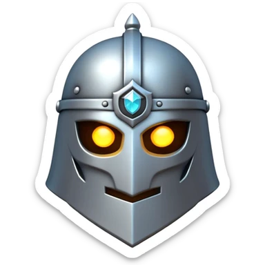 Clash of Clans aesthetic: Cinematic Playful 3D Isometric steel helm Emoji, rendered in a 3D vector-style similar to standard emojis with minimal shading and bold, simplified shapes. A compact, distinct form with signature details, softly glowing with a fantasy RPG magic charm. Simplified yet unmistakably iconic, highly detailed and consistent, glowing with a soft radiance and high shine. Stylized with a touch of heroic grandeur and a soft glowing outline, capturing the essence of a beloved gaming relic with a friendly, playful manner! sticker