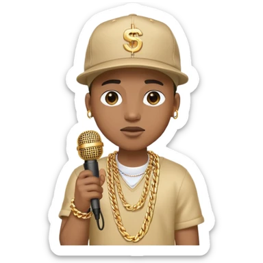 cool rapper character with microphone, gold chain, and cap sticker