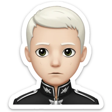 Head and shoulders emoji of a pale man with short white hair, wearing a black marching band jacket with silver trim. black eyeliner. Expression stoic, commanding, and theatrical, heroic emo style sticker