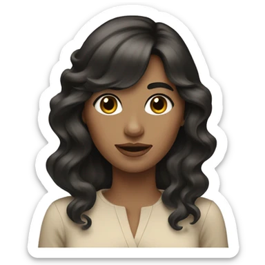 lady with long wavy Black hair beige clothes and bangs sticker