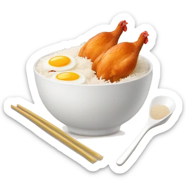 a bowl of rice with two eggs and two chicken drumstick on top sticker
