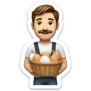 White man with brown hair and a mustache, holding a basket of eggs sticker