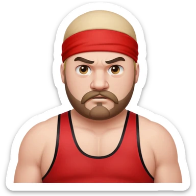 Close-up of extremely fat white skin guy with young face, beard and mustache, no muscle with prominent black durag, black eyes in a red and black wrestling singlet with angry face sticker