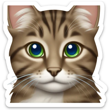 Cheeky fluffy brown tabby cat with white nose and blue green eyes  sticker