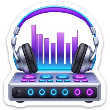 Create a sleek and modern emoji that represents sound design. The design should feature sound waves, a sound mixing console, and a pair of studio headphones to symbolize the process of creating and shaping sound. Include elements like a synthesizer or audio effects buttons to highlight the creative tools used in sound design. Use futuristic colors like neon blue, purple, and silver to convey the cutting-edge, experimental nature of sound creation. The background should be transparent. sticker