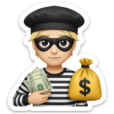 a short ios emoji-style portrait of a classic burglar, a black eye mask and a black-and-white striped shirt. emoji-like hair, black hat, ONE bag of money 💰 with a dollar sign in a right corner, evil expression WITHOUT a hand  sticker