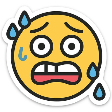 Make the smiley emoji look even more anxious by exaggerating the lip bite, adding more sweat drops, trembling mouth, and wide, worried eyes. Keep icon style, modern, flat colors, no background. sticker