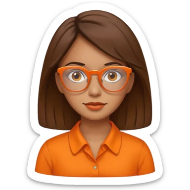 hispanic woman with  brown hair,  orange sectacles and orange blouse  with a collar sticker