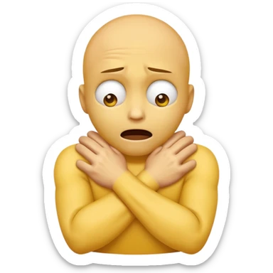 Yellow face emoji strangling itself with 2 arms crossed and hands saround neck and eyes looking up in fear sticker