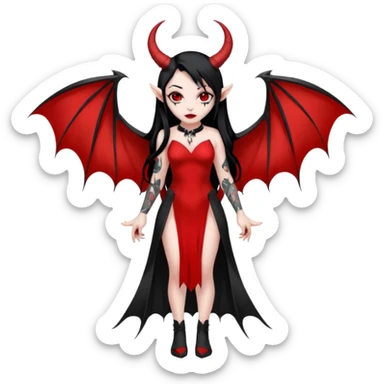 Full red-skin demon girl (entire body red), long black hair, small red horns, pointed ears, single bat wing, black open-back dress, bold tattoo-flash comic linework, red/black/gray, dark background, no text. sticker