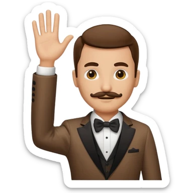 person raising hand emoji, wearing a brown tuxedo, with a short but tall mustache sticker