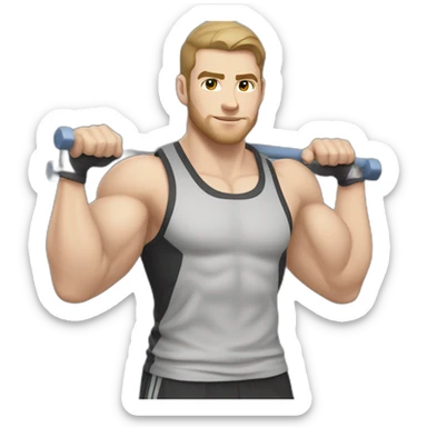 Pale skinned Fit Man With the biceps and dark brown hair in black shirt, gray sports shorts and white Sneakers Relies on the crossbar sticker