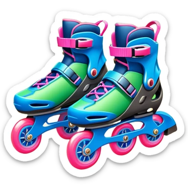An icon featuring a pair of colorful inline rollerblades resting on a park path. The background showcases winding park pathways, lush green trees, and vibrant flowers along the way. The scene radiates a sense of freedom and outdoor activity under a clear blue sky. Transparent background sticker