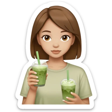 Girl, light skin, brown hair, brown eyes, holding iced matcha, neutral aesthetic shirt sticker