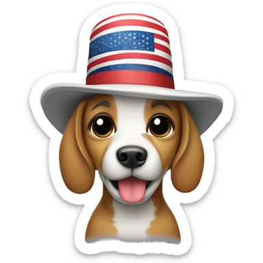 Dog wearing a hat and holding an American flag sticker
