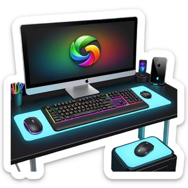 rgb gaming computer on black desk with a black keyboard and mouse sticker