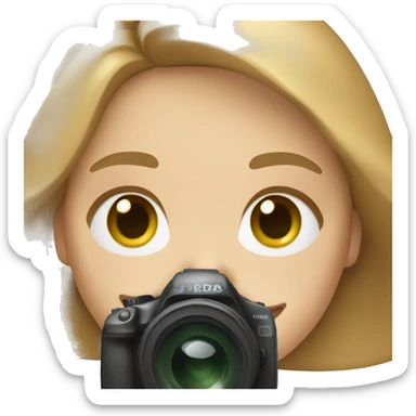 white woman with light brown hair and green eyes holding a camera smiling 
 sticker