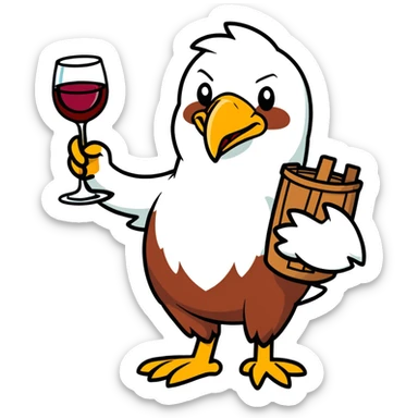 Real picture of an eagle bird drinking wine. Write the word Thirsty Thorpie on the eagles chest  sticker